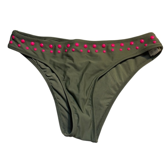 NWT Aerie Bikini Bottom Small Olive Green with Neon Pink Dots Cheeky - Picture 1 of 8